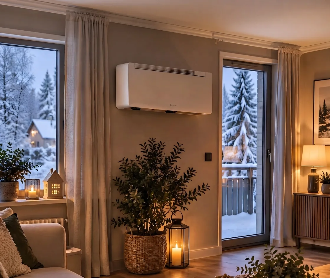 Wandklimagerät über einem Wohnzimmer im Winter, draußen liegt Schnee